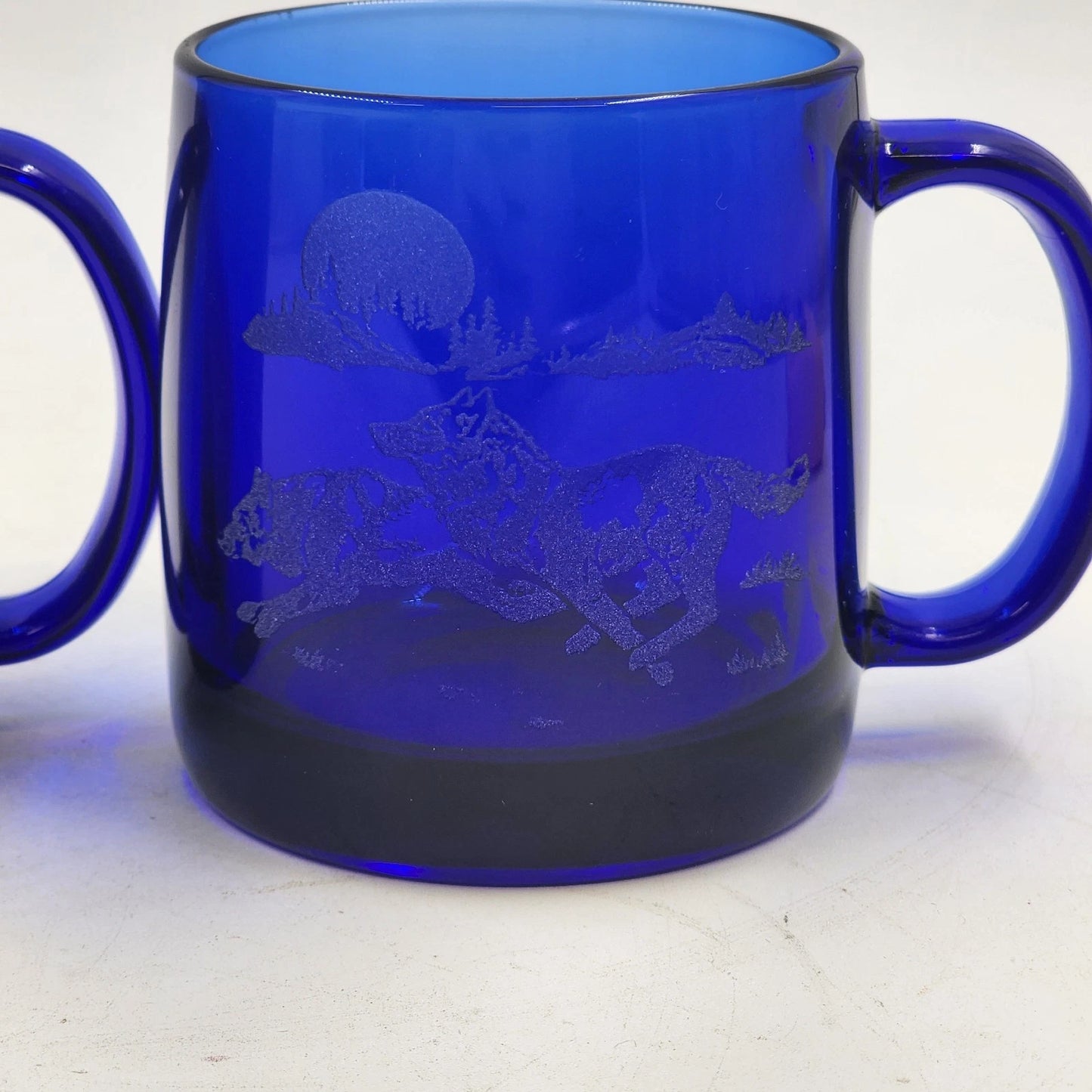 2 Cobalt Blue Coffee Mug Cups 12 oz Etched Running Wolves France