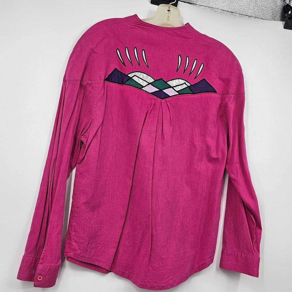 Wrangler Women’s Medium Pink Western Blouse Button Front Applique 90s Cowgirl Rodeo Shirt