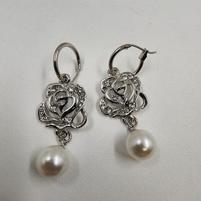 Silver Tone Floral with Crystal Rhinestone White Faux Pearl Dangle Earrings 1.5"