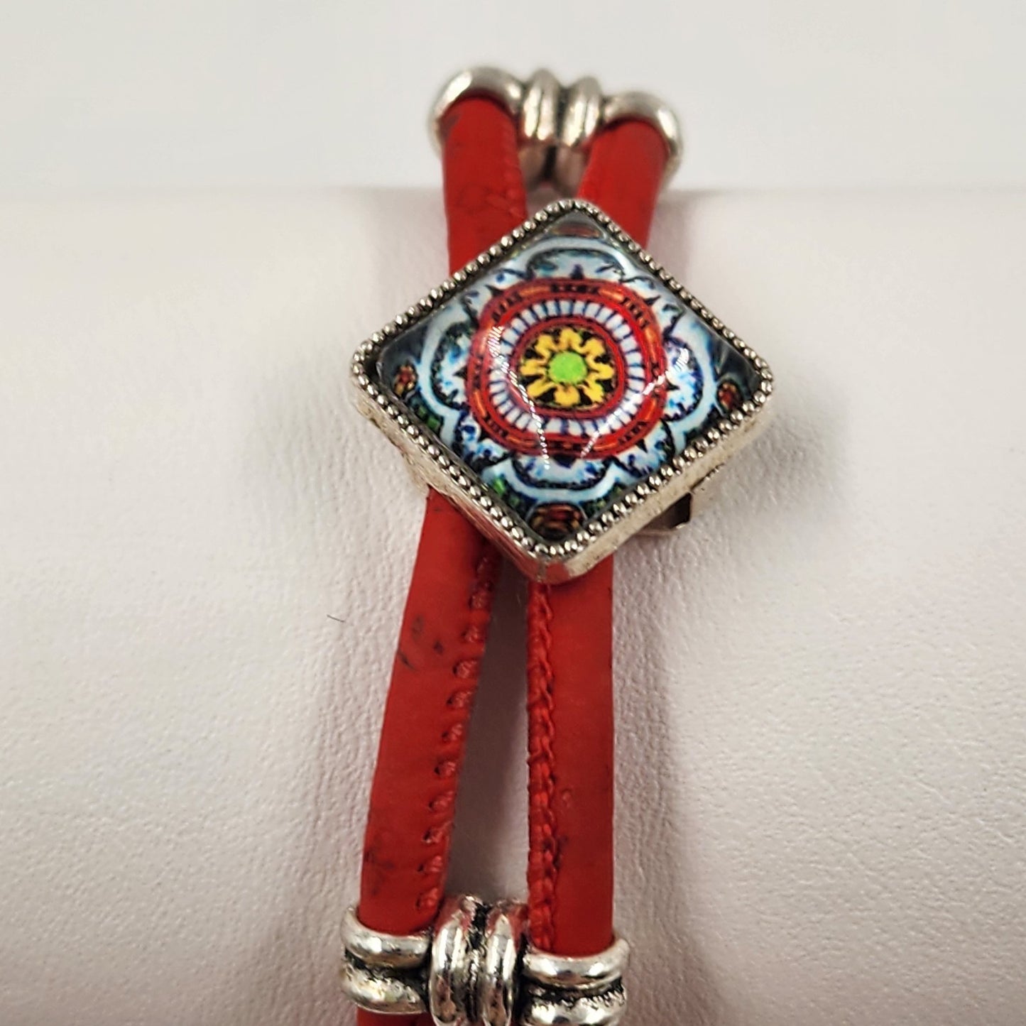Red Cord Bracelet with Silver Tone Mosaic Slide Charm Boho Jewelry