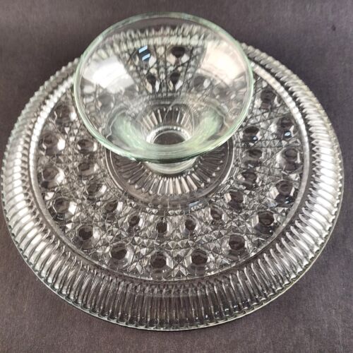 Clear Glass Pedestal Cake Plate 11" Windsor Button & Cane Pattern Federal Glass