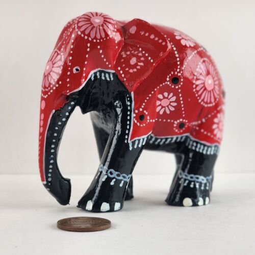 Red and Black Lacquer Painted Elephant Hand Carved Wood Vintage 3"h