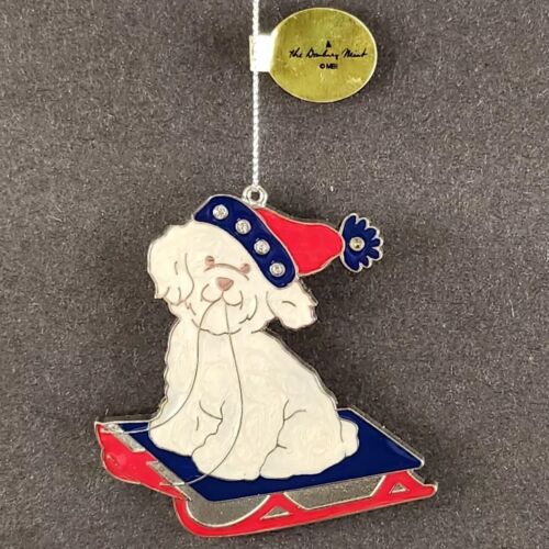 Danbury Mint Bichon Frise Metal JEWELED TREE & SLED Ornaments Enamel Finish