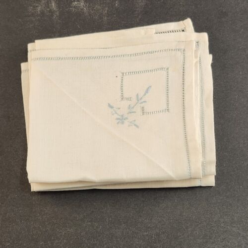 Vintage Set 4 White Blue Linen Napkins Tablecloth 10.5"x10.5" Square