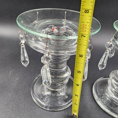 Set of 2 Heavy Crystal Glass Candle Holders Bobeche Pedestal Pendalogues Accents