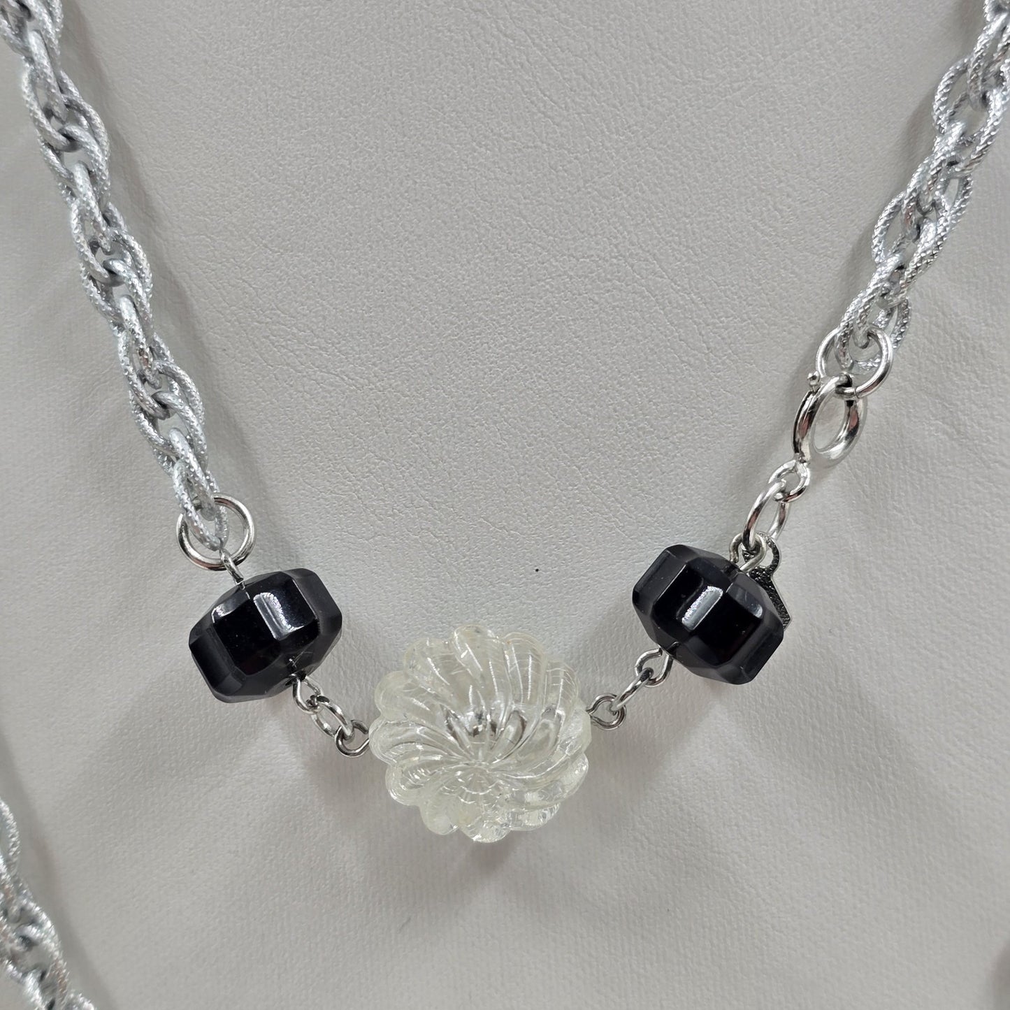 Sarah Coventry Jet Ice Necklace in Silver Tone Chain w/ Black Clear Lucite Beads