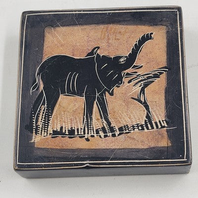 Hand Painted Solid Stone Tile 4"x4"x1" Giraffe & Elephant on Each Side