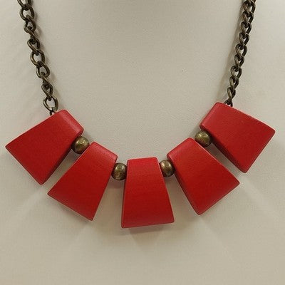 Plunder Red Wood Pendant with Antique Gold Tone Chain & Beads Necklace Jewelry