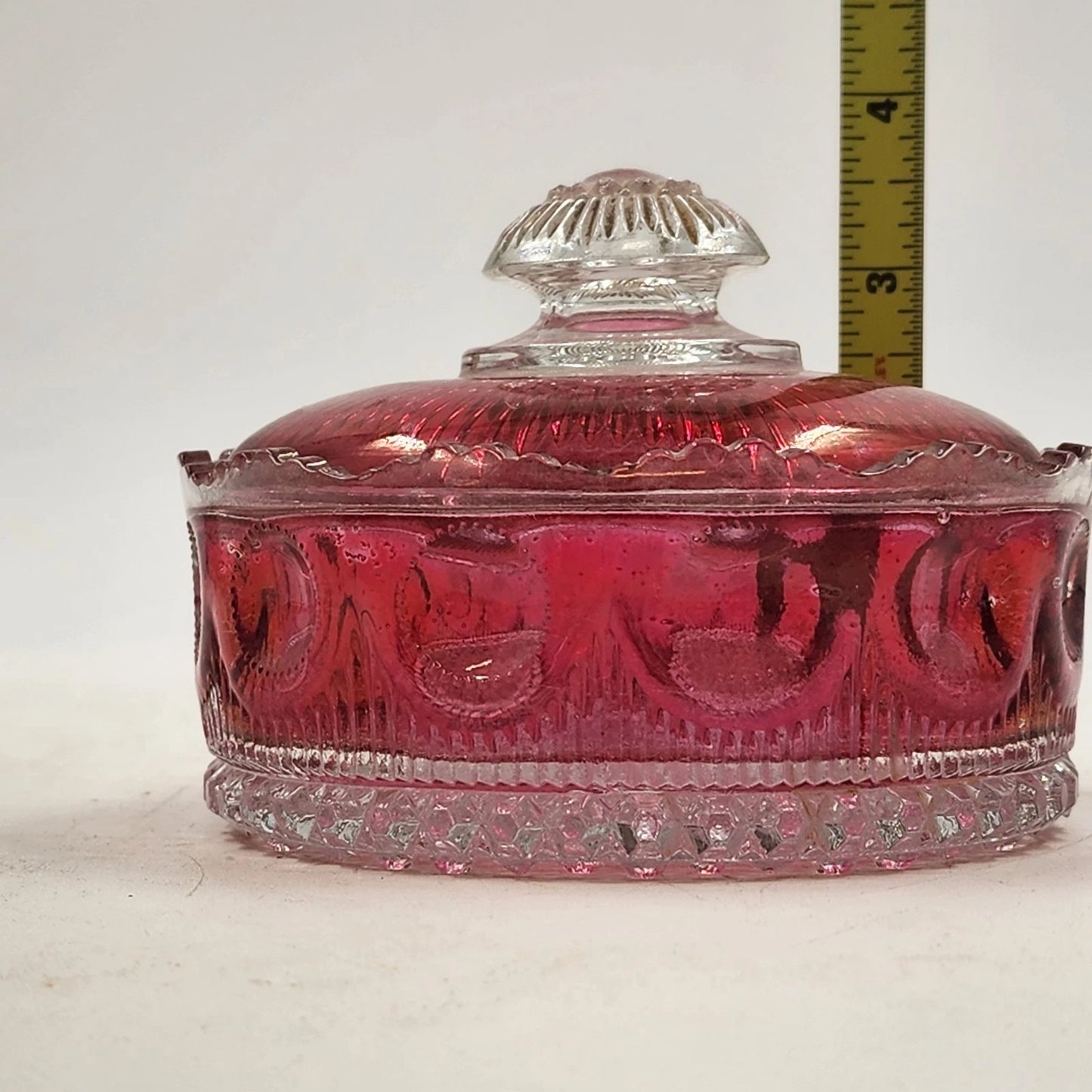 Manhattan Ruby Rose Powder Jar 1902 US Glass Cranberry Vanity Box Antique EAPG