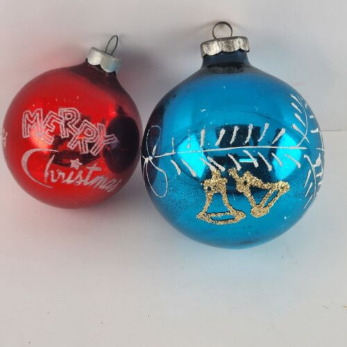 2 Vintage Glass Christmas Tree Ornaments Red Blue Bals White Printing