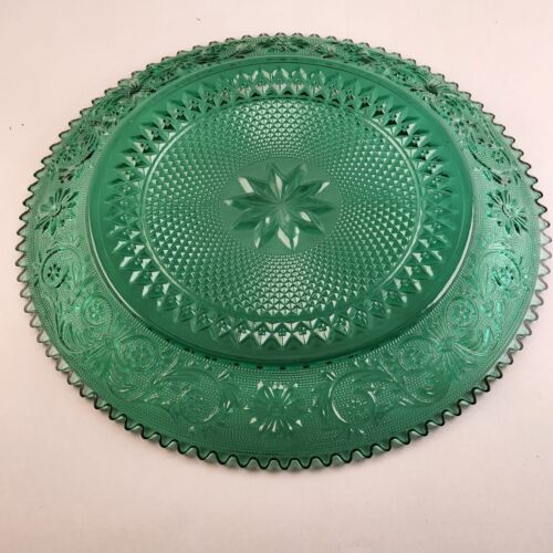 Indiana Glass Spruce Sandwich Tiara Green Platter Ribbed Trim Impressed Design