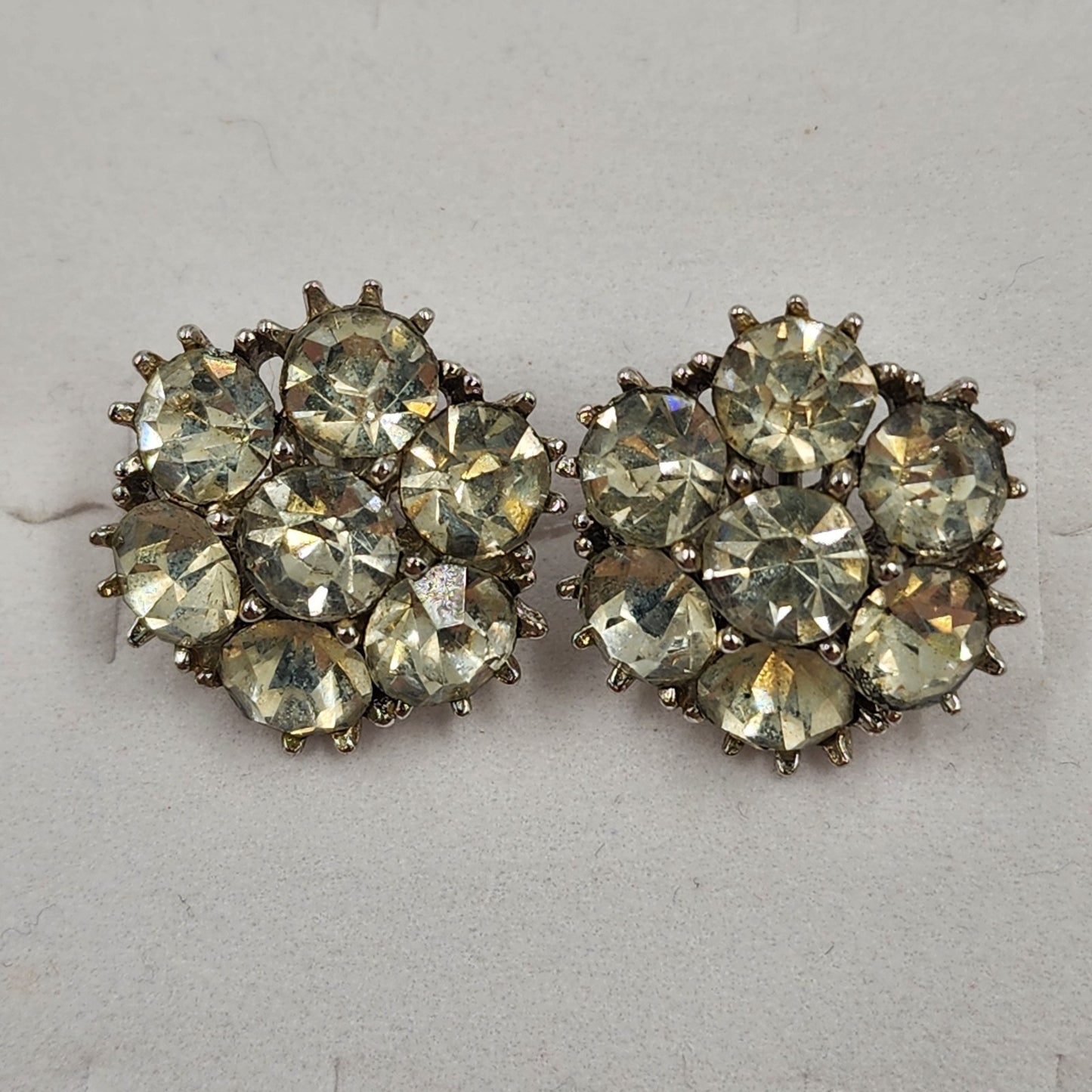 Elegant Silver Tone Clear Rhinestone Button Earrings Vintage Screw Back 0.75”