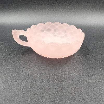 Imperial Glass Pink Frosted Satin Pansy Dish Handle Candy Trinket Bowl Chipped