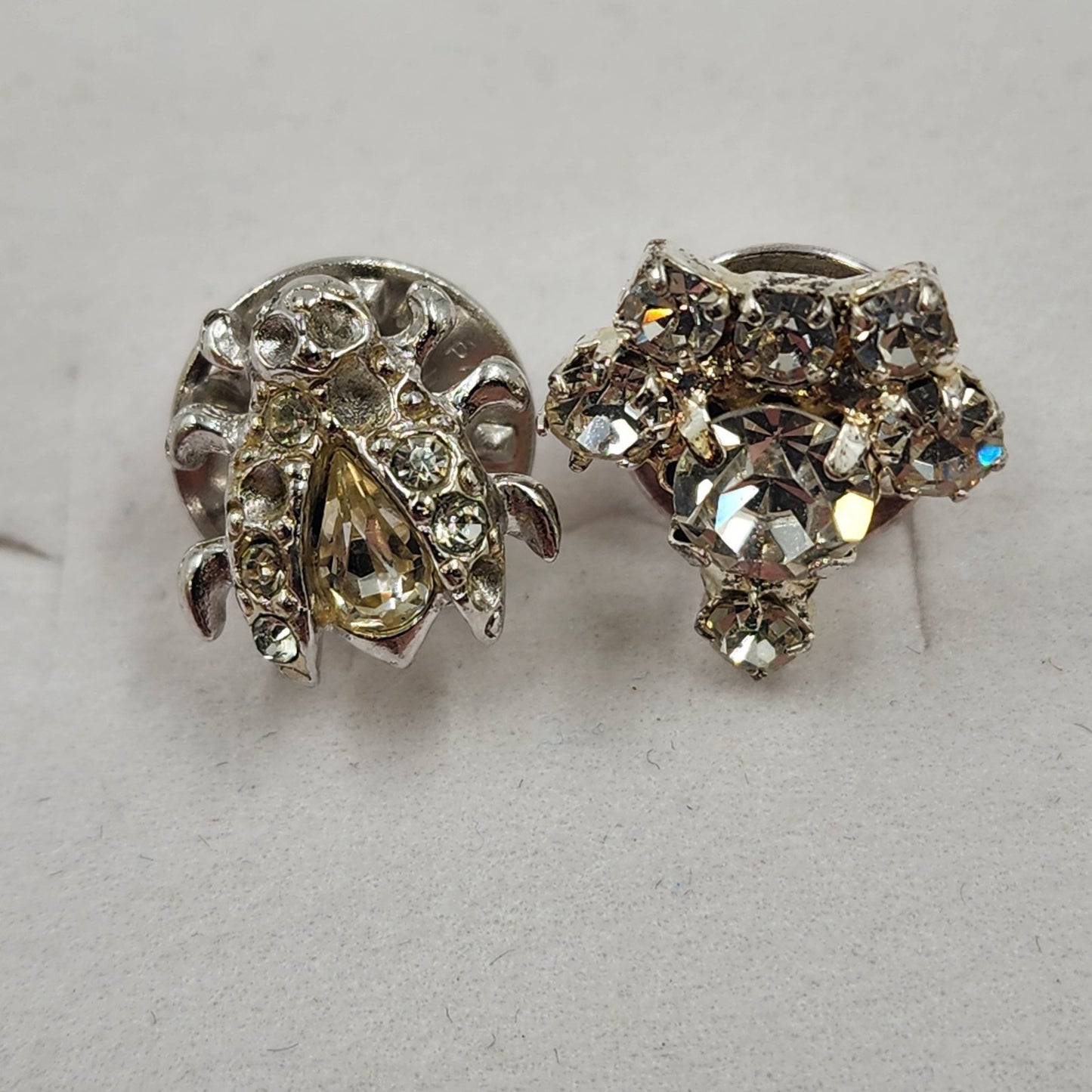 Set of 2 Rhinestone Lapel Pins Silver Tone Ladybug & Cluster Brooch 0.5" Long