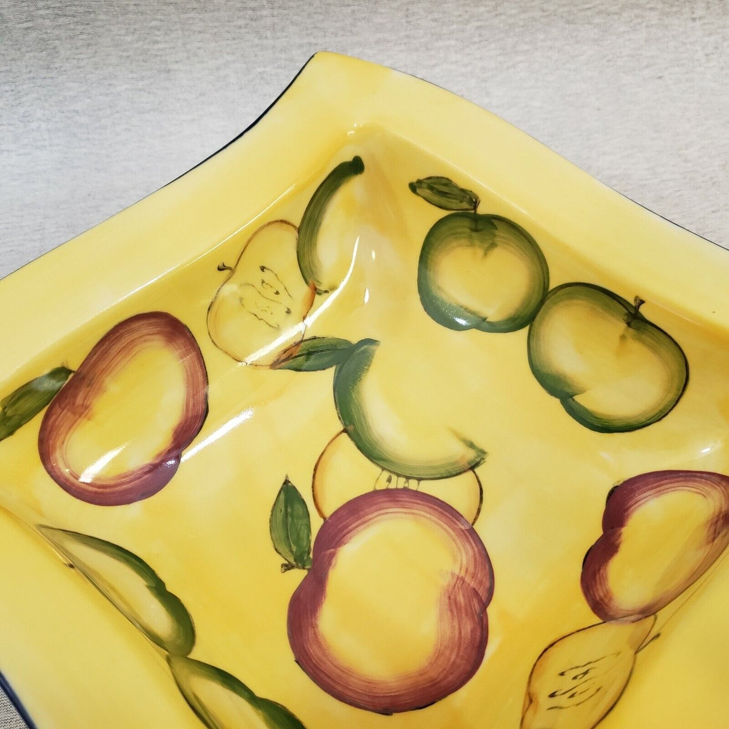 WCL Apple Bowl Hand Painted 9" Square 3" Deep Red Green Apples Blue Trim China