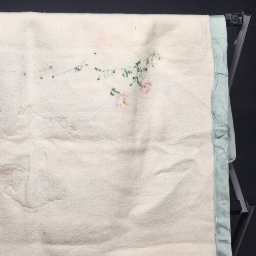 Baby Blanket Appliqued Embroidered Lamb & Flowers Blue Satin Edging 38" x 28"