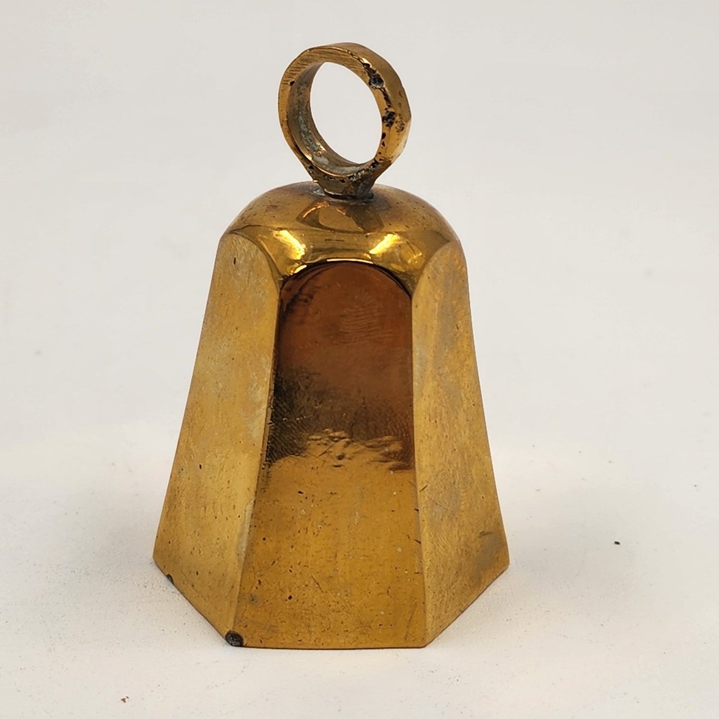 Cow Bell Hexagonal Solid Metal Brass w/Ring Handle Horse Sheep Goat 2" India