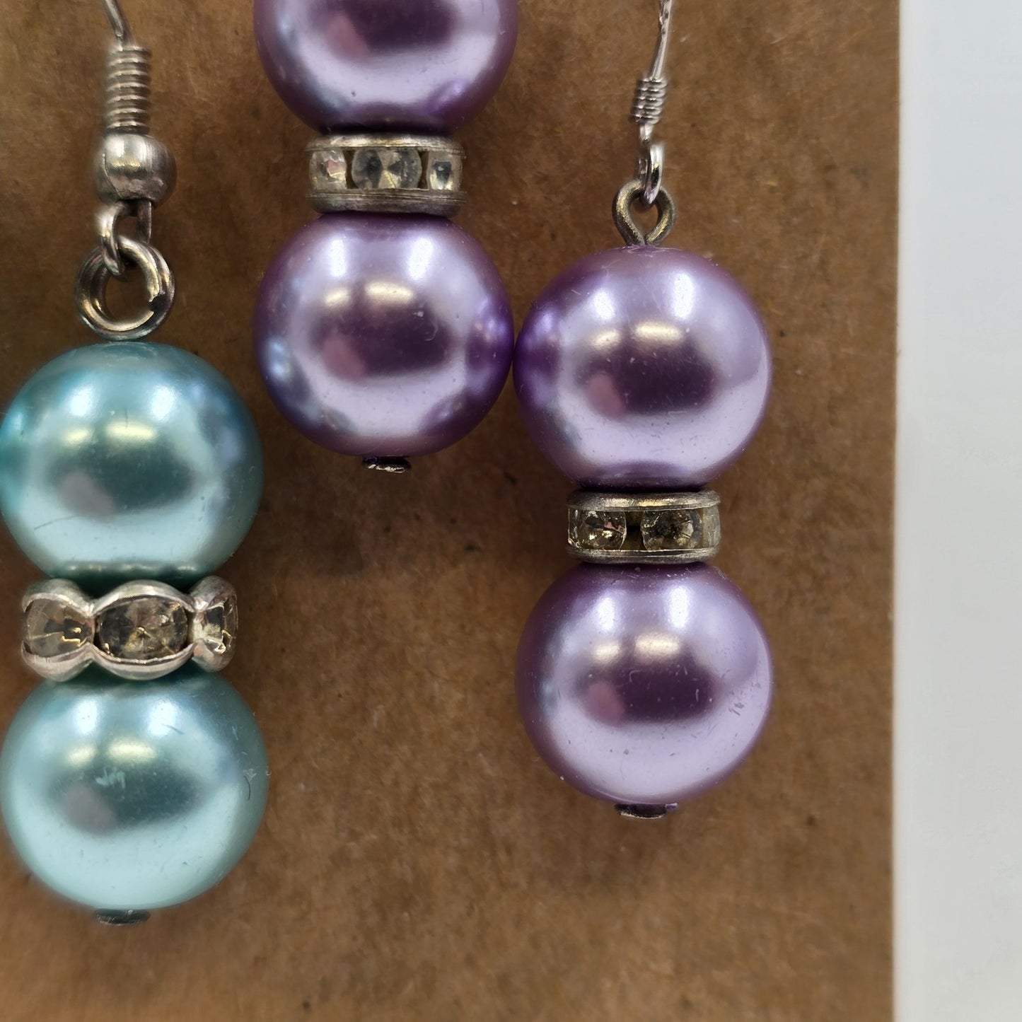 2 Set Earrings Teal & Lavender Faux Pearl Beads with Rhinestone Drop Dangle Hook