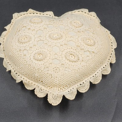 Pillow Heart Shaped Crocheted Cream Ivory Rustic Cushion Removable 12” X 14” 70s