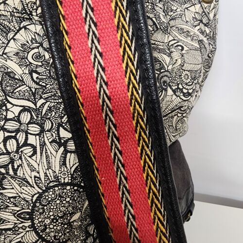 Sakroots Black White Flap Backpack Drawstring Peace Pattern Cotton Leather Trim