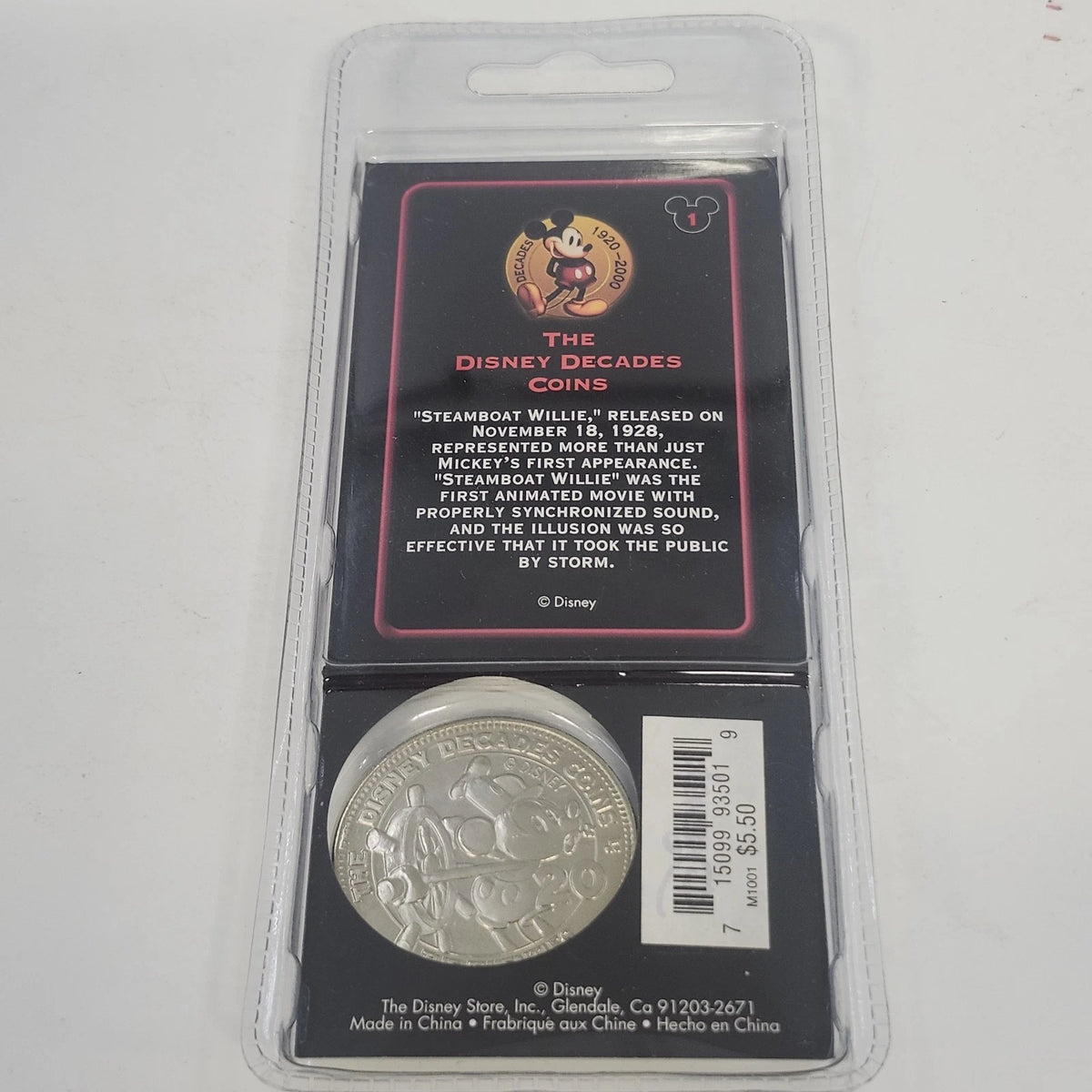 Disney Store Decades Coin #1 Steamboat Willie Mickey Mouse 1928 Sealed China Vtg