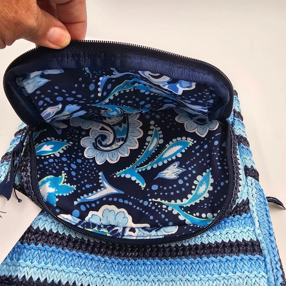 Vera Bradley Crochet Backpack Woven NWT Light Blue Navy Straps 12.75” x 10.5