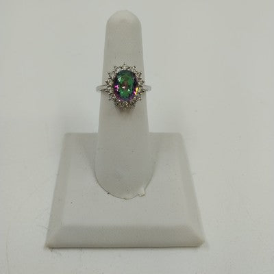 Mystic Topaz & Rhinestone Statement Ring Sz 6 Silver Tone w/ Box