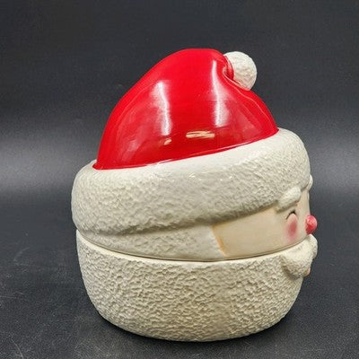 Santa Claus Head Smiley Face Ceramic Christmas Cookie Jar Canister 7.25" Tall