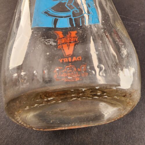 Virginia Dairy Glass Milk Bottle 1 Quart Orange and Blue Logos STOP School Bus