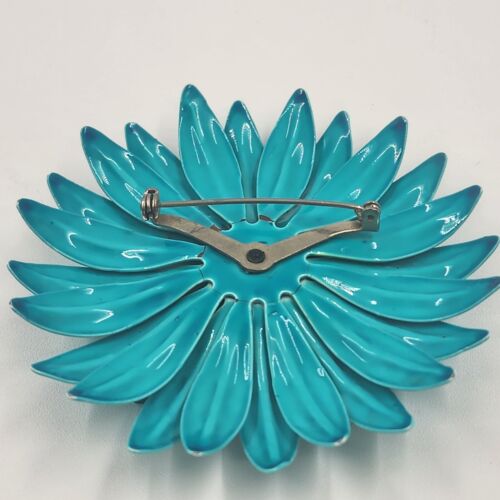 Blue Enamel Flower Brooch Vintage Metal Round Pin 3" Diameter