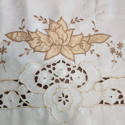 Nu Wave Madeira Beige Embroidered and Cut Lace Tablecloth w Tan & Gold 70x102"