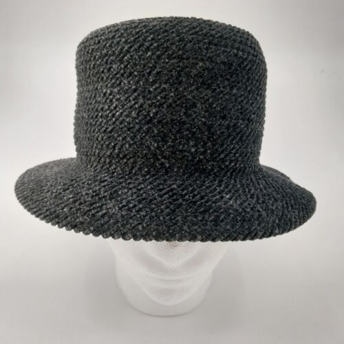 Knit Hat Black Grey Womans Fuzzy Nubby Bucket David's Vintage Headwear Medium 7"