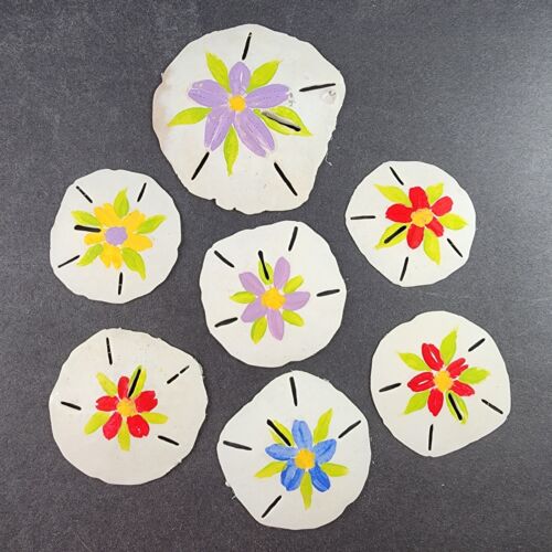 7 Hand Painted Sand Dollars Simple Flowers Sizes 3" to 4.5" Across Vintage