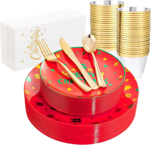 Rubtlamp 175Pcs Red Plastic Christmas Dinner Salad Plates w Cutlery Cups Napkins