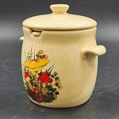 Ceramic Grease Drippings Jar w Lid Strainer Mushroom Homemade Pottery 1981 Vtg