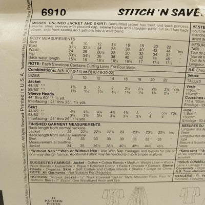 McCalls Stitch N Save 6910 Sewing Pattern Ladies Suit Skirt Top Uncut Size 16-22