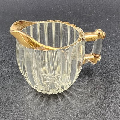 Jeannette Clear Glass Sugar Bowl & Creamer Set Gold Trim Hobnail Bottom
