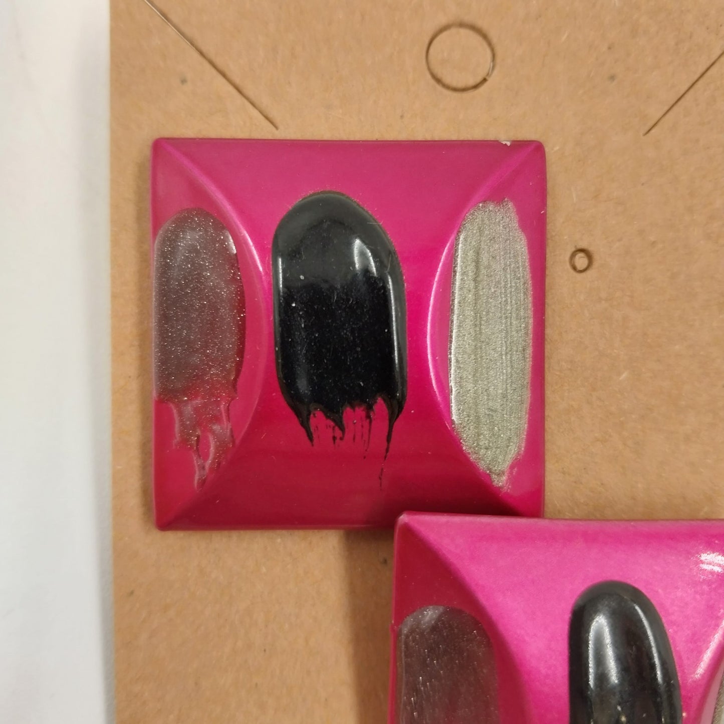 Earrings in Large Square Shiny Magenta with Gray Black Enameled 1.25" Push Back