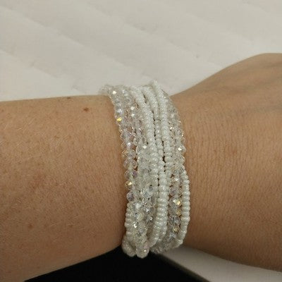 Nine Strand Clear White Small Beaded Magnetic Bracelet w Silver Tone Rhinestone