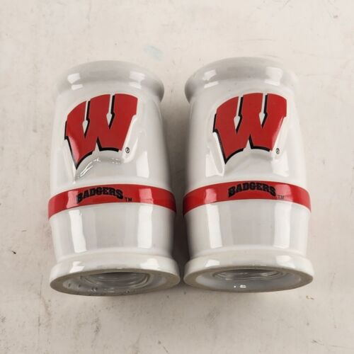 Set of 2 Ceramic Salt Pepper Shakers Wisconsin Badgers Logo White Red Trim 3.5"h