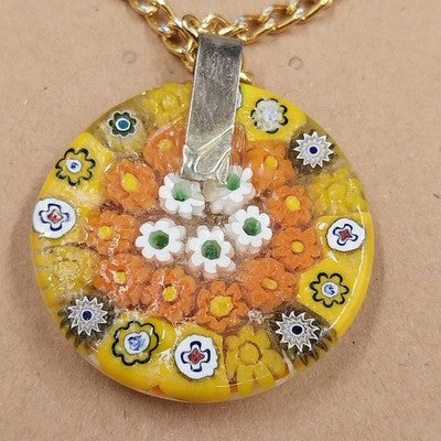 Murano Millefiori Glass Pendant Necklace Gold Tone Chain 22" Vtg Lobster Claw
