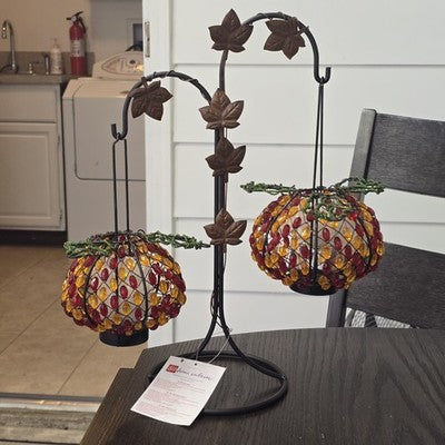 2 Beaded Pumpkin Tea Lite Holders Home Interiors w Free Standing Metal Stand NOS
