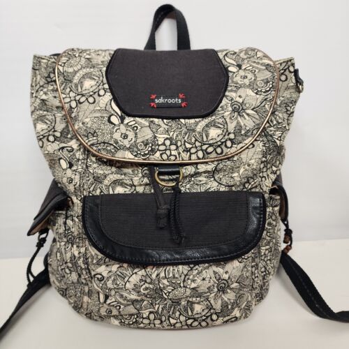 black floral leather flap backpack Sakroots Black White Flap Backpack Drawstring Peace Pattern Cotton Leather Trim