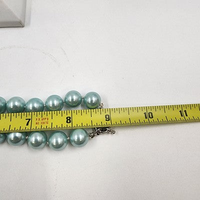 Glossy Mint Green Glass Knotted Sea Shell Faux Pearl Beaded Chocker Necklace 9"