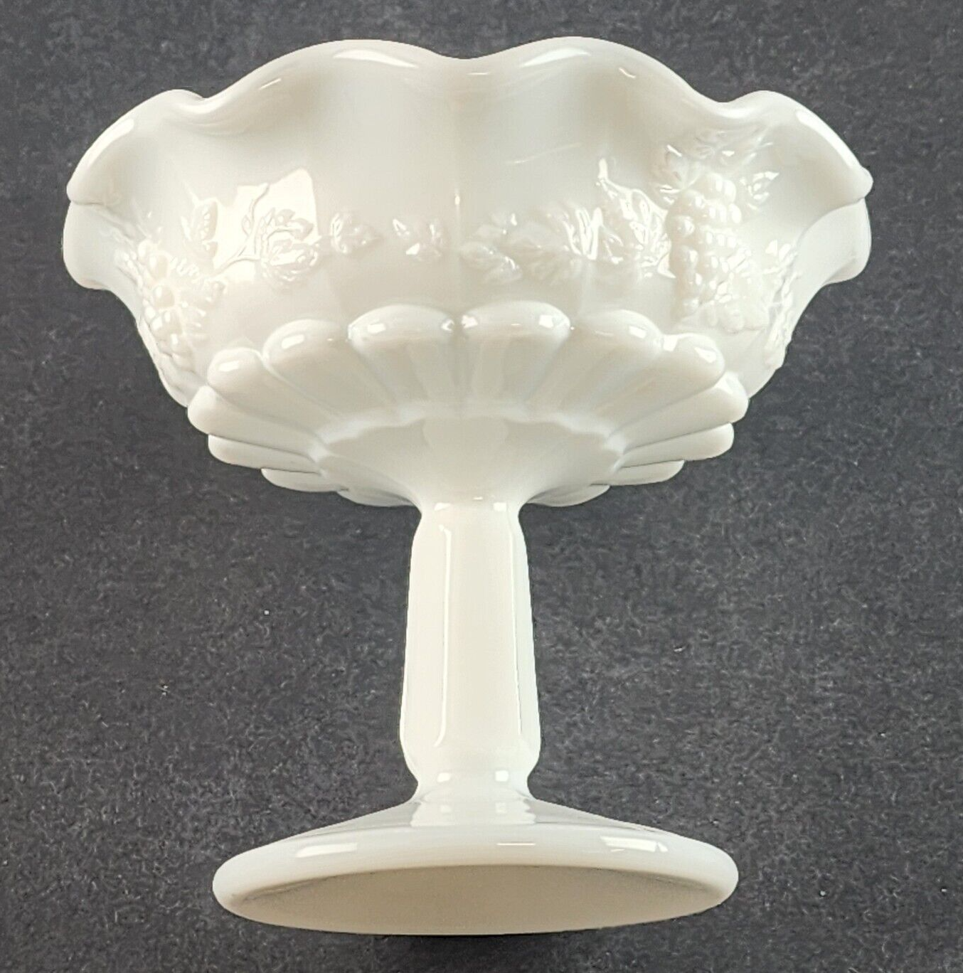 Footed Lipped Small Comport Paneled Grape Milk Glass by Westmoreland 5" Across