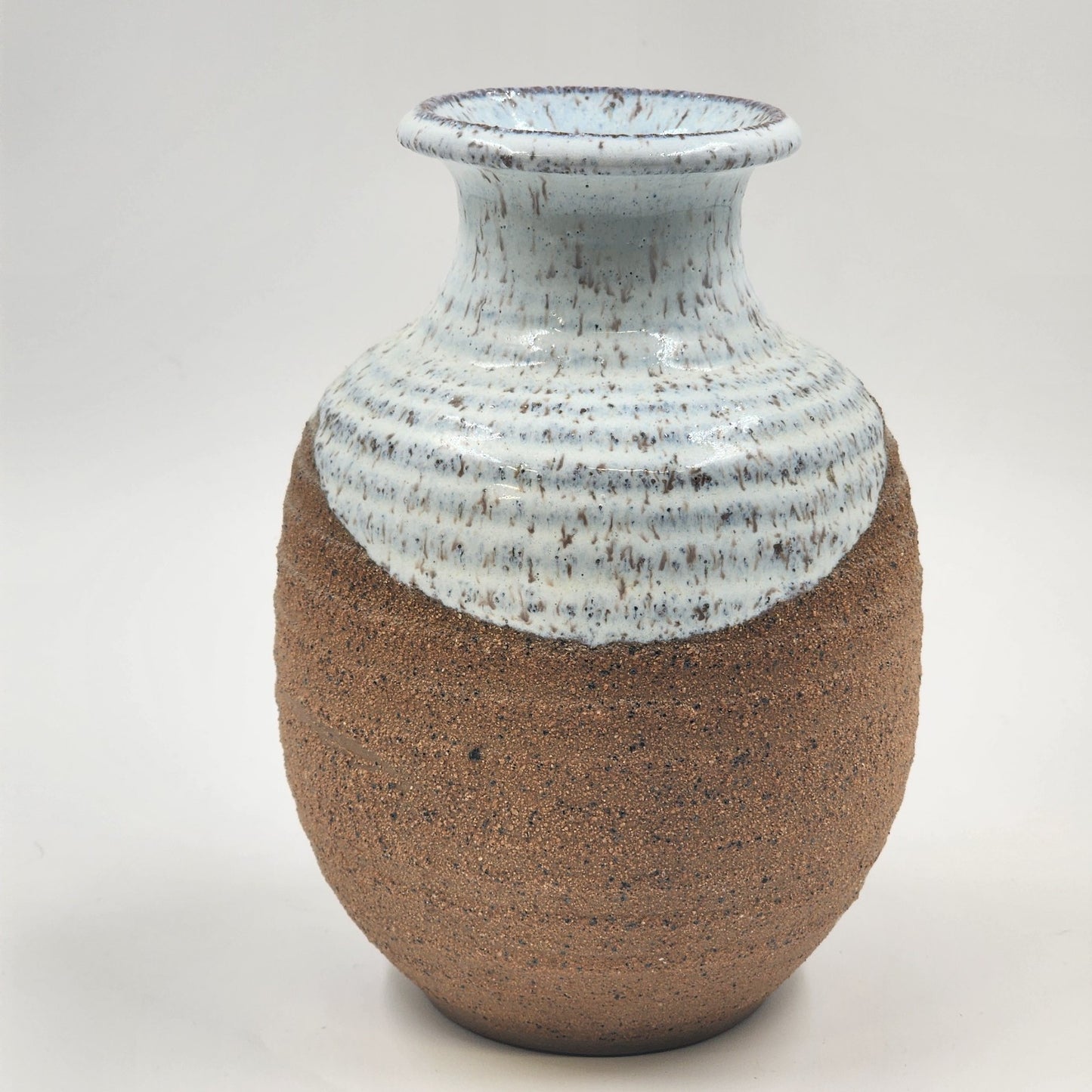 Hand Made Studio Pottery Vase 8.5"h Brown Ringed Clay Glazed Upper and Inside