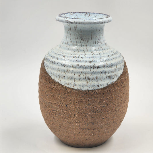 Hand Made Studio Pottery Vase 8.5"h Brown Ringed Clay Glazed Upper and Inside