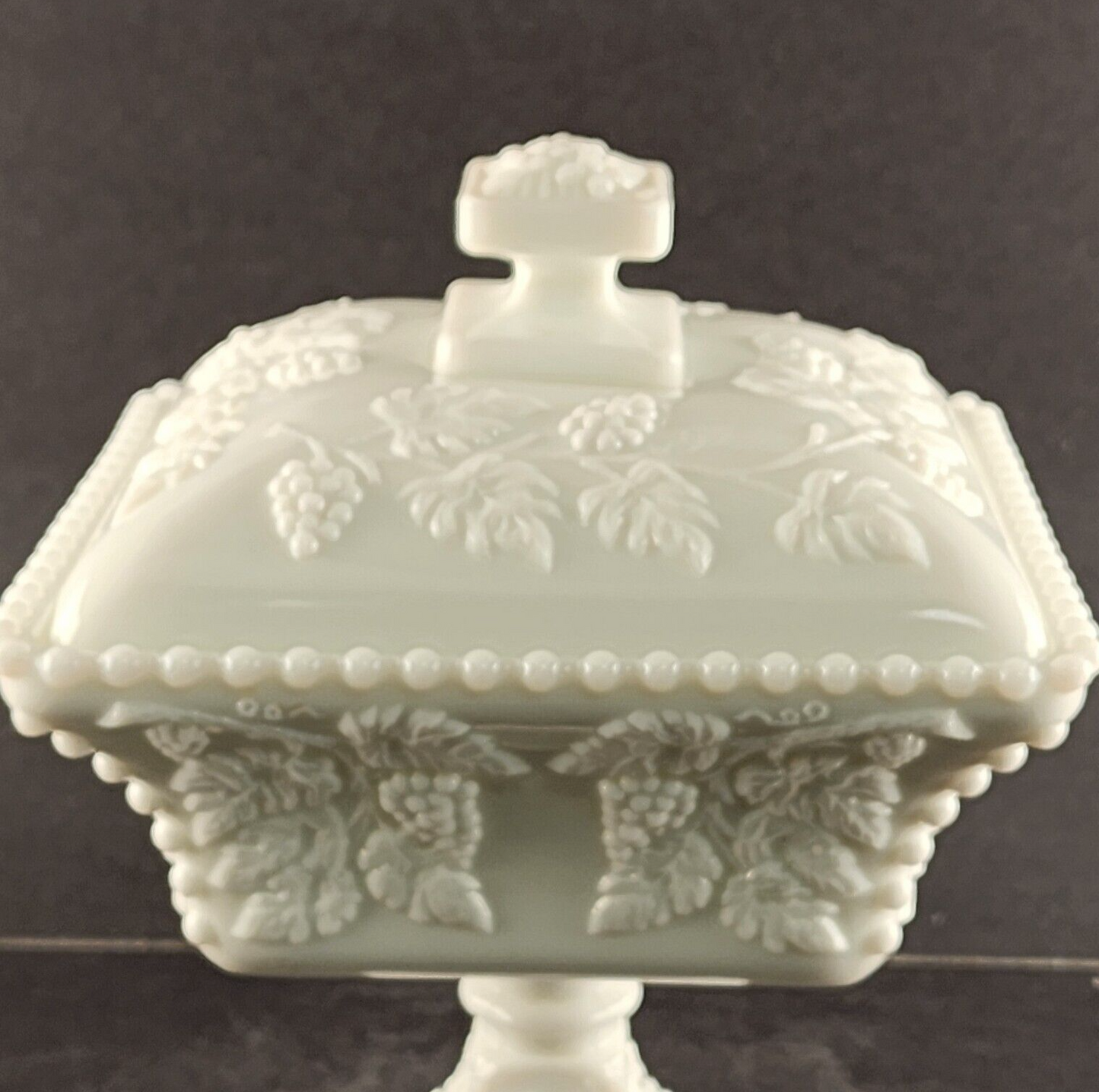Large Milk Glass Square Compote & Lid Westmoreland Beaded Grape Pedestal Vintage