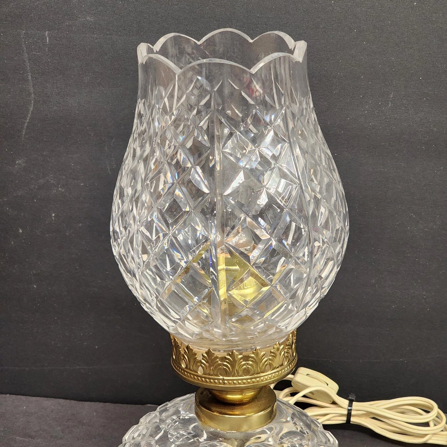 Waterford Crystal Hurricane Table Lamp 13" Tulip Style Clear Glass Brass Accents