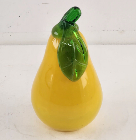 Art Glass Yellow Pear Green Stem Hand Crafted Decorative Vegetable 4.75" Tall